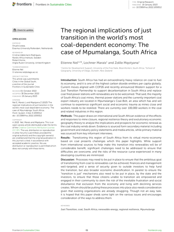 The regional implications of just transition in the world's most coal-dependent economy: The case of Mpumalanga, South Africa