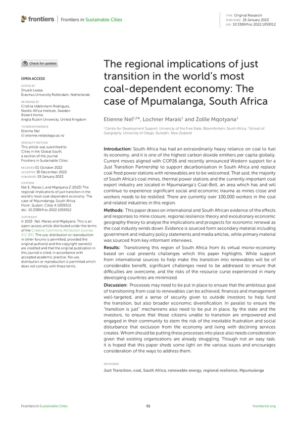 The regional implications of just transition in the world's most coal-dependent economy: The case of Mpumalanga, South Africa
