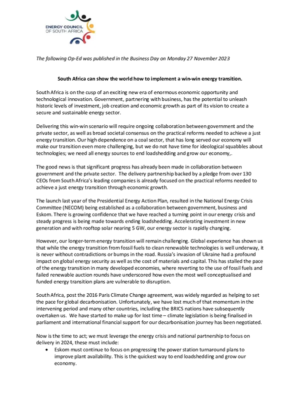 Energy Council of South Africa - South Africa can show the world how to implement a win-win energy transition