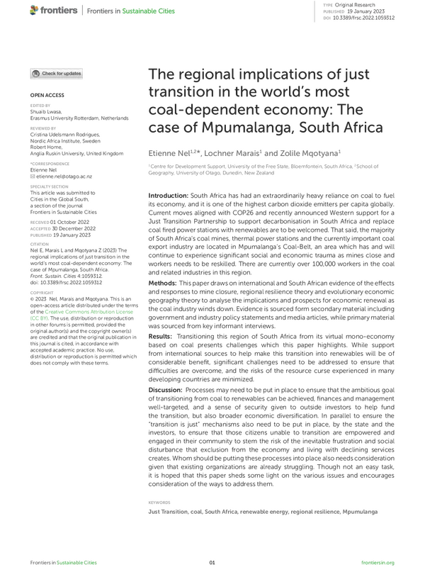 The regional implications of just transition in the world's most coal-dependent economy: The case of Mpumalanga, South Africa