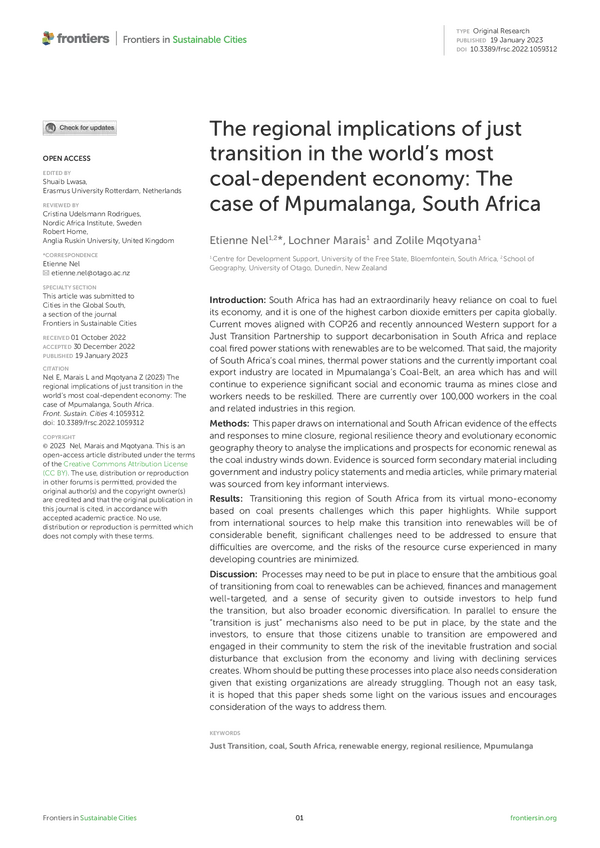 The regional implications of just transition in the world's most coal-dependent economy: The case of Mpumalanga, South Africa