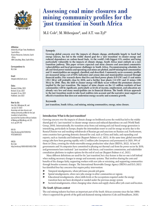 Assessing coal mine closures and mining community profiles for the 'just transition' in South Africa