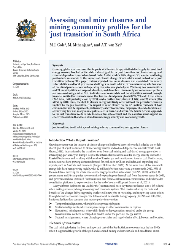 Assessing coal mine closures and mining community profiles for the 'just transition' in South Africa