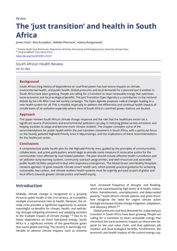 The ‘just transition’ and health in South Africa