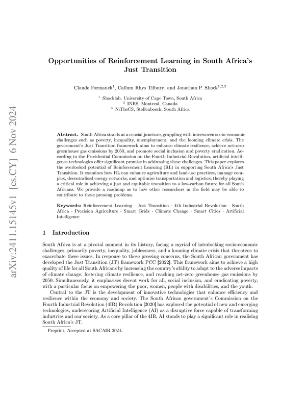 Opportunities of Reinforcement Learning in South Africa's Just Transition