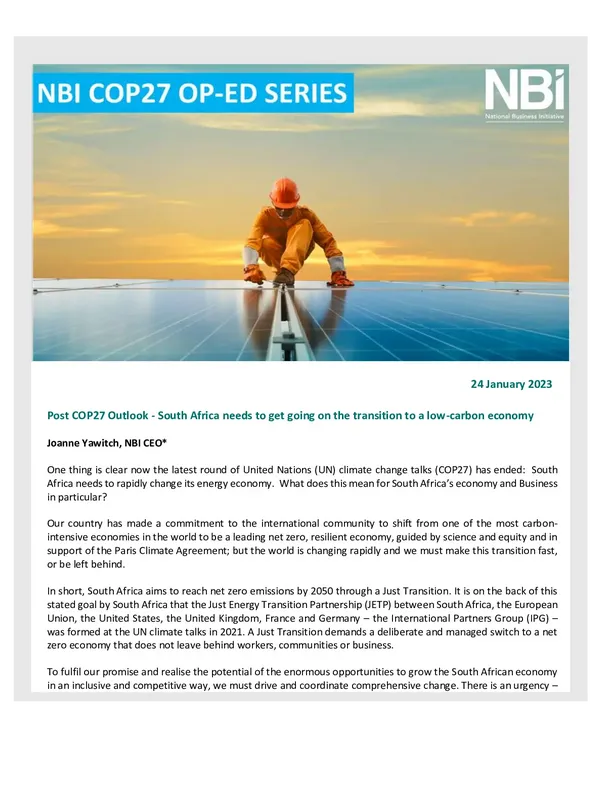 Post COP27 Outlook - South Africa needs to get going on the transition to a low-carbon economy