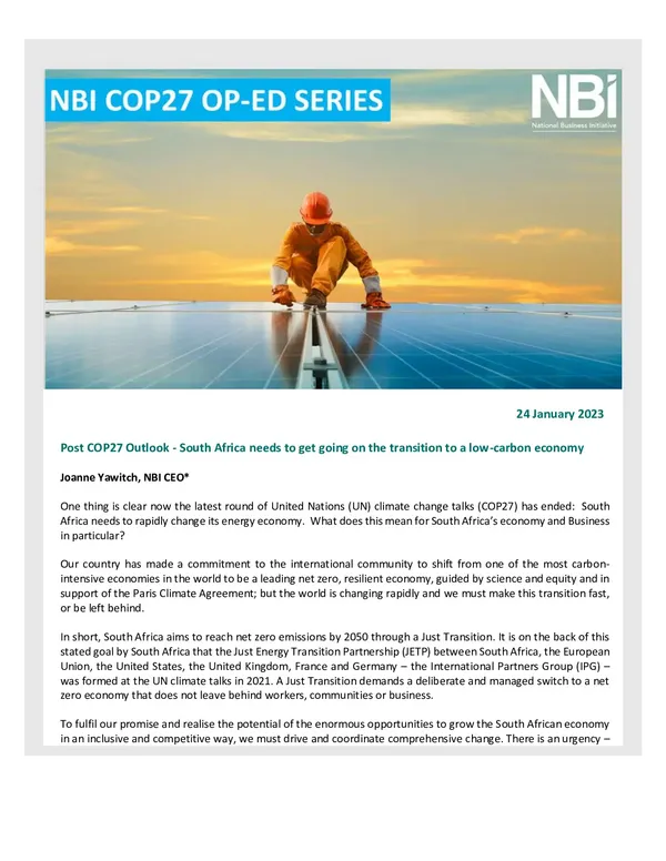 Post COP27 Outlook - South Africa needs to get going on the transition to a low-carbon economy