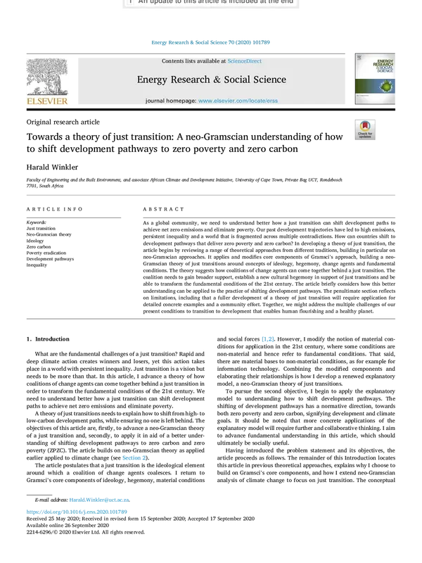 Towards a theory of just transition: A neo-Gramscian understanding of how to shift development pathways to zero poverty and zero carbon