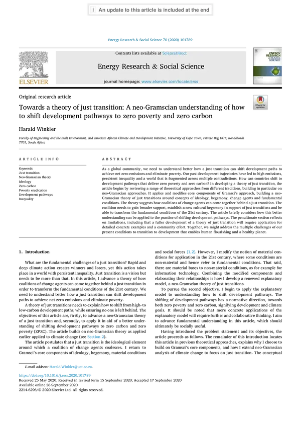Towards a theory of just transition: A neo-Gramscian understanding of how to shift development pathways to zero poverty and zero carbon