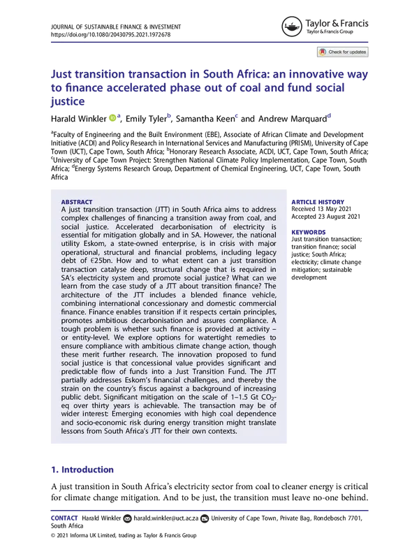 Just transition transaction in South Africa: an innovative way to finance accelerated phase out of coal and fund social justice