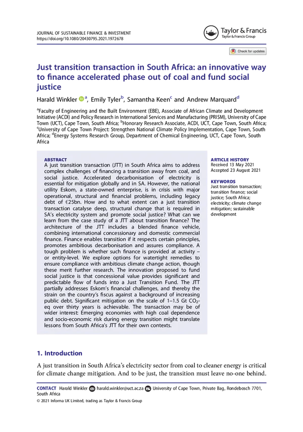 Just transition transaction in South Africa: an innovative way to finance accelerated phase out of coal and fund social justice