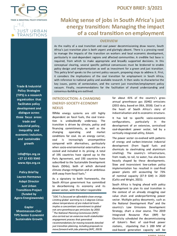 Making sense of jobs in South Africa’s just energy transition: Managing the impact of a coal transition on employment