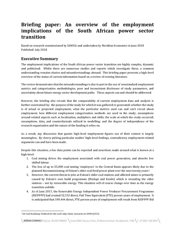 An overview of the employment implications of the South African power sector transition