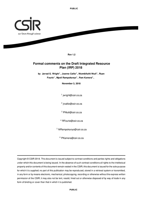 Formal comments on the draft Integrated Resource Plan (IRP) (2018)