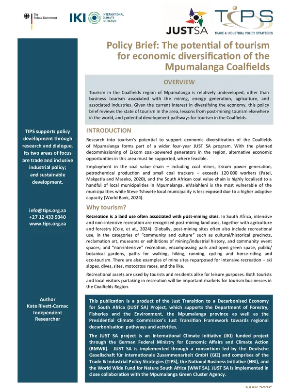 Policy Brief: The potential of tourism  for economic diversification of the  Mpumalanga Coalfields
