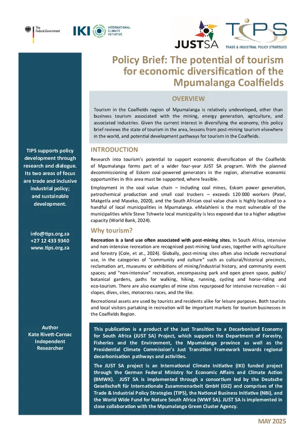Policy Brief: The potential of tourism  for economic diversification of the  Mpumalanga Coalfields