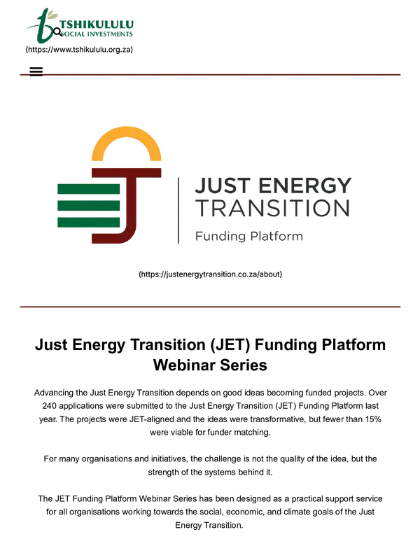The Just Energy Transition (JET) Funding Platform: JET Funding Webinar Series