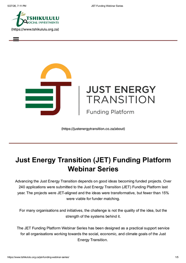 The Just Energy Transition (JET) Funding Platform: JET Funding Webinar Series