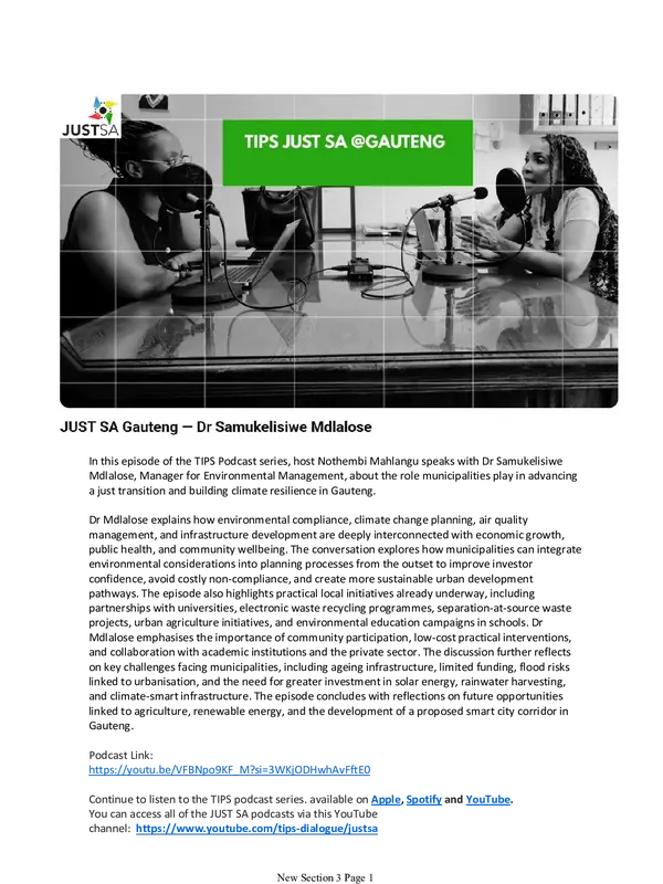 Just Transition Insights from Gauteng Province: Interview with Dr Samukelisiwe Mdlalose