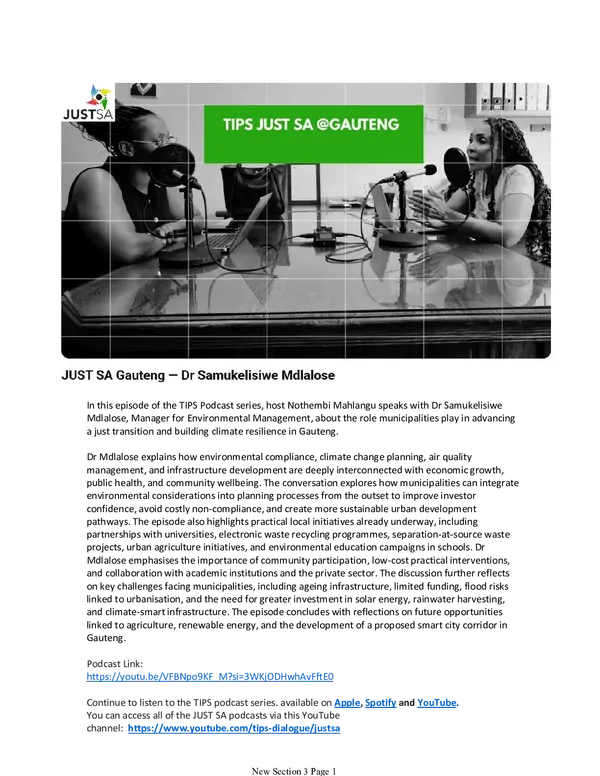 Just Transition Insights from Gauteng Province: Interview with Dr Samukelisiwe Mdlalose