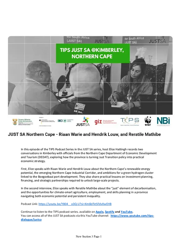 Just Transition Insights at a Provincial Level: Northern Cape Department of Economic Development and Tourism