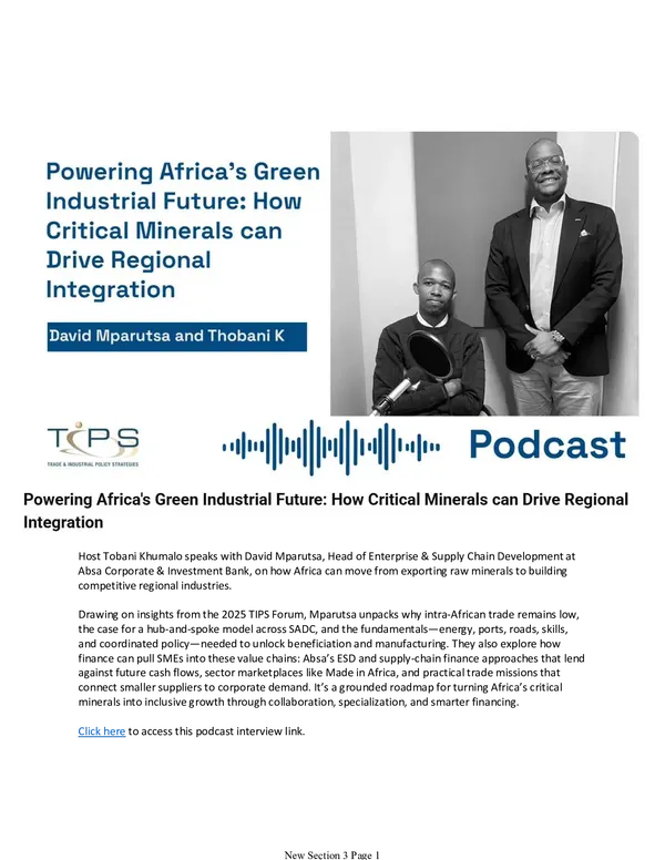Powering Africa's Green Industrial Future: How Critical Minerals can Drive Regional Integration: Interview with David Mparutsa from ABSA