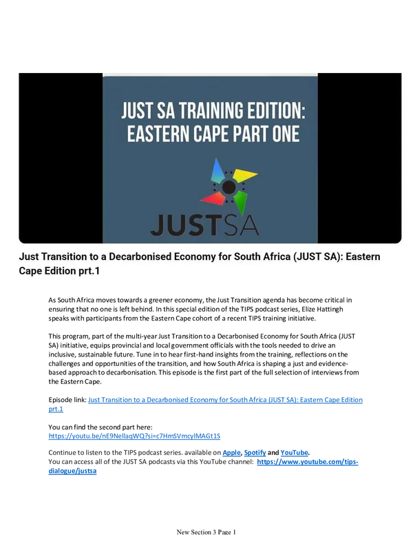 Just Transition Insights from the Eastern Cape Province: Part I