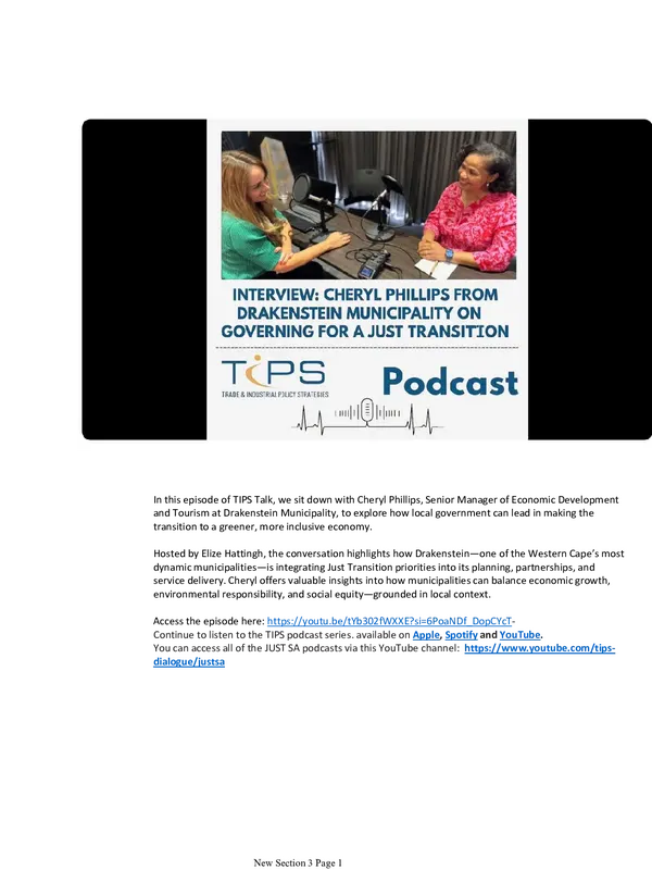 Insights on Governing for a Just Transition: Interview with Cheryl Phillips from Drakenstein Municipality in the Western Cape Province